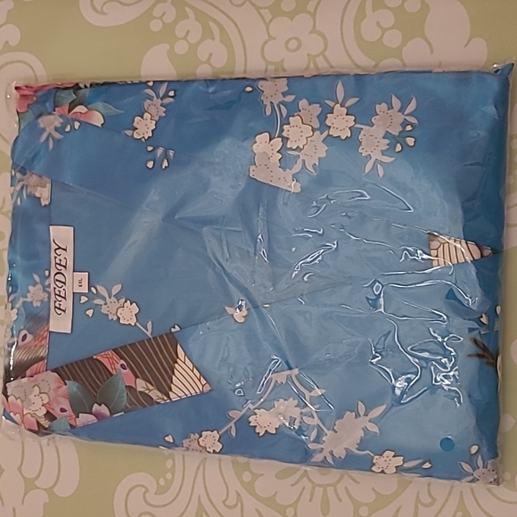 Blue Womens Floral Satin Plus Size Robe - Picture 4 of 6